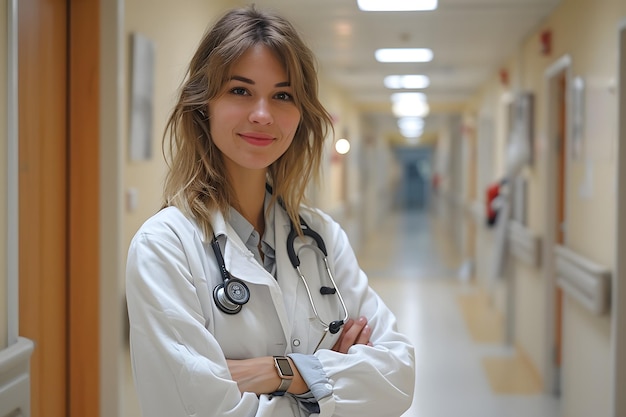 Female doctor standing in hospital corridor