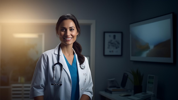 a female doctor stood and smiled created by AI technology