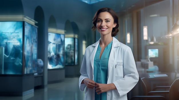 a female doctor stood and smiled created by AI technology