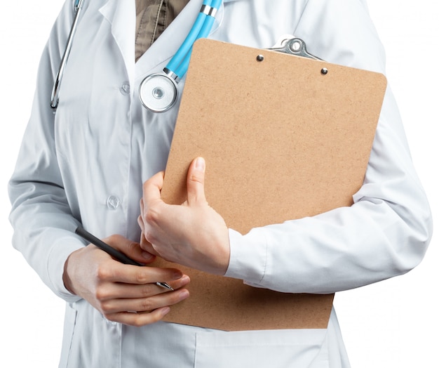 Female doctor in uniform holding clipboard