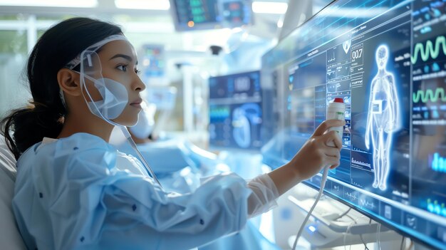 Photo a female doctor uses a medical device to examine a patients digital image on a screen in a futuristic hospital