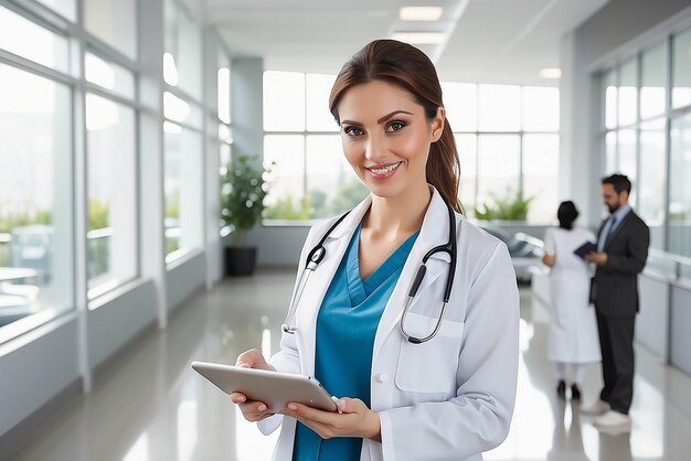 Female doctor using tablet computer in hospital lobby