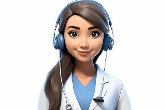 A female doctor wearing a lab coat and stethoscope around her neck is smiling while wearing a headset