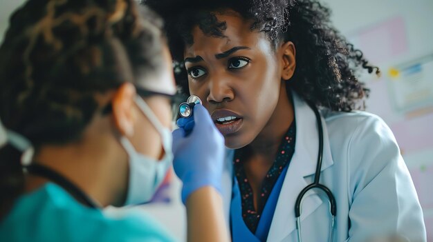 Photo a female doctor wearing a lab coat and stethoscope examines a patients eye with an ophthalmoscope