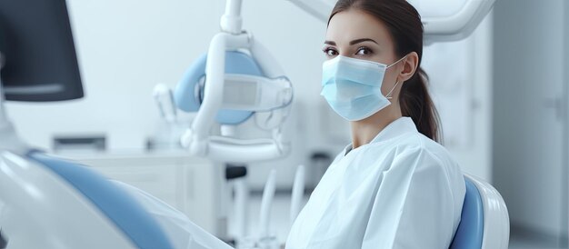 Photo female doctor wearing mask and gloves next to patient on dental chair with mouth mirrors