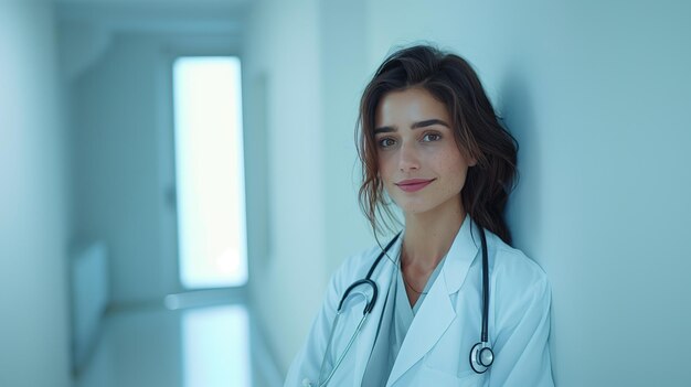 Female doctor wearing white lab coat elegant shoe with a stethoscope around her neck she is confiden