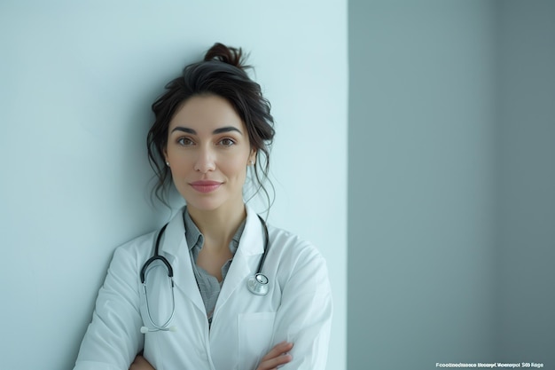 Женщина-лекарь в белом лабораторном халате, элегантной обуви со стетоскопом на шее.