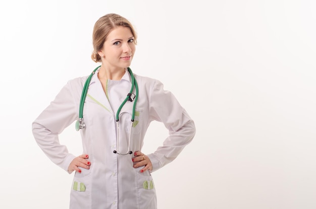 Female doctor on a white background with a phonendoscope