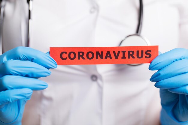 Female doctor in a white coat holding the inscription coronavirus.