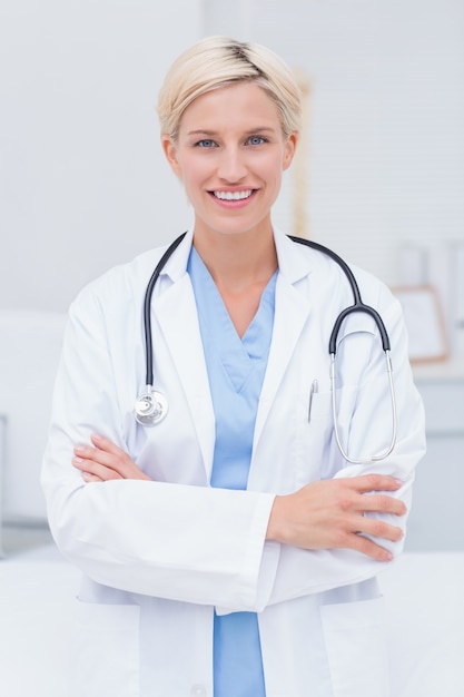 Female doctor with arms crossed standing in clinic