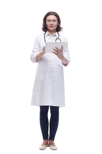 Female doctor with a digital tablet isolated on a white