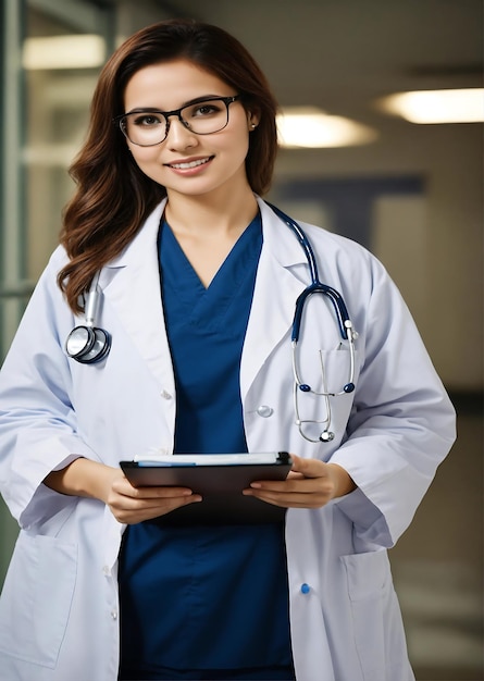 a female doctor with glasses and a stethoscope