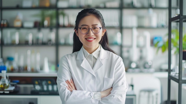 Photo a female doctor with glasses and a white lab coat stands in a laboratory