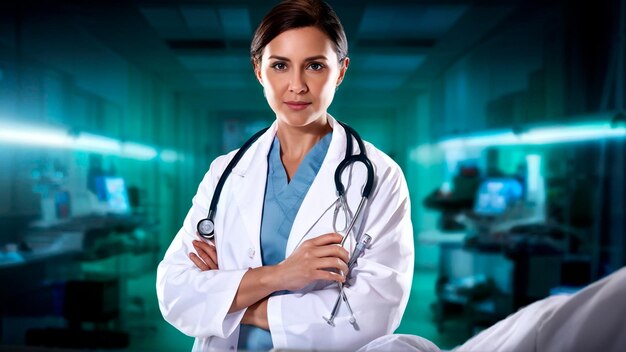 a female doctor with a stethoscope around her neck