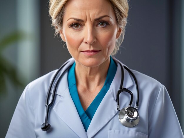 A female doctor with a stethoscope around his neck generated by Ai