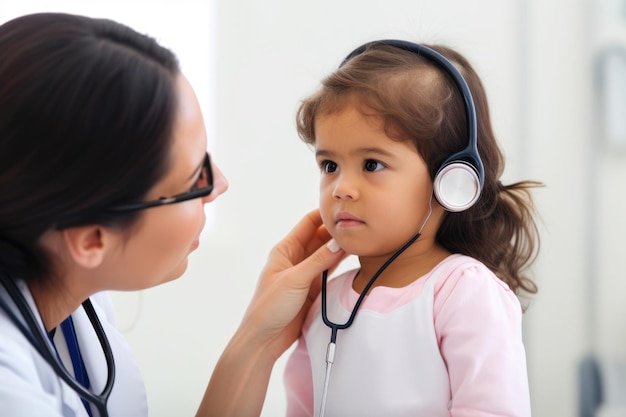 Photo female doctor with a stethoscope in her ears listening to the heartbeat of a young child