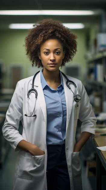 Photo a female doctor with a stethoscope on her neck stands in a room with a green wall behind her