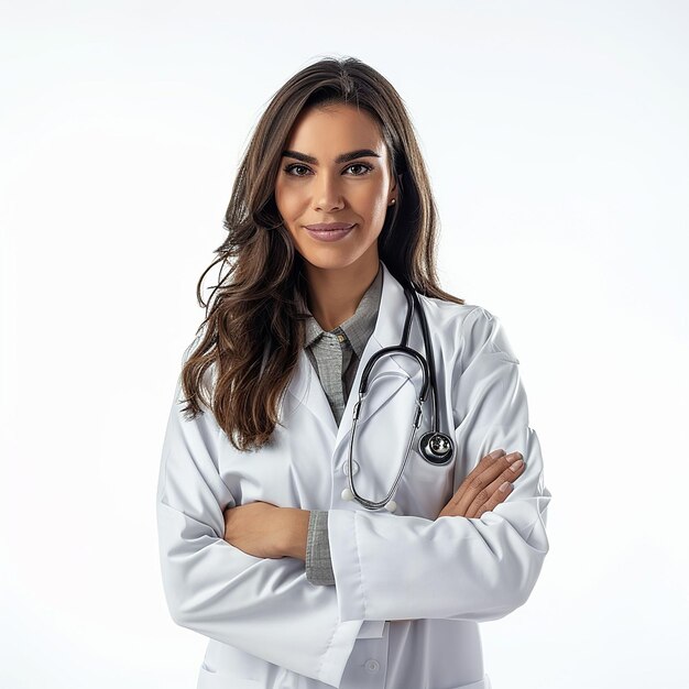 a female doctor with a stethoscope on her neck