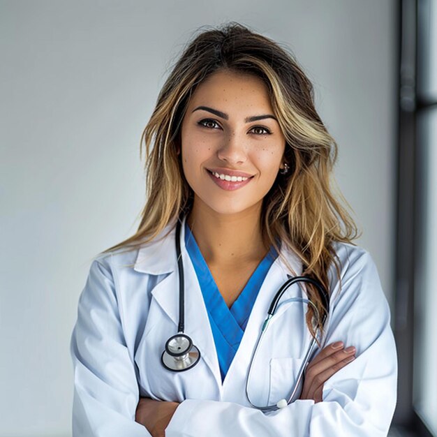 a female doctor with a stethoscope on her neck