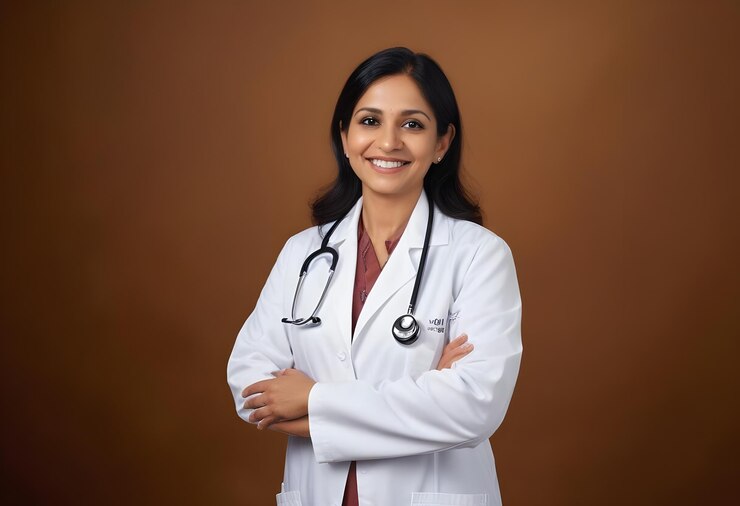 a female doctor with a stethoscope on her neck