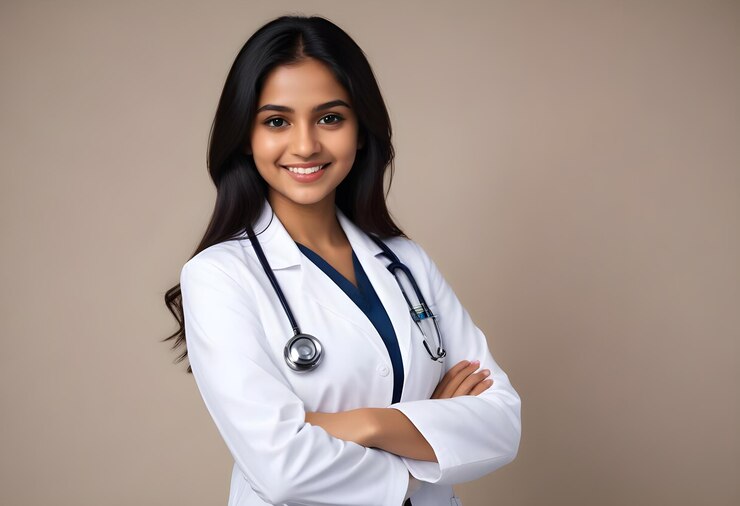 a female doctor with a stethoscope on her neck