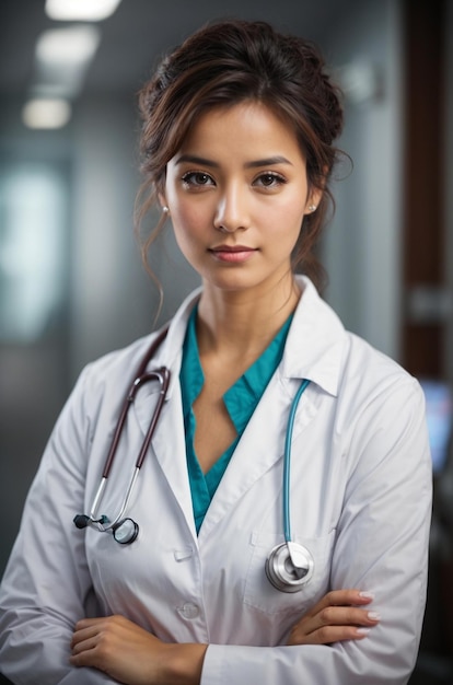 a female doctor with a stethoscope on her neck