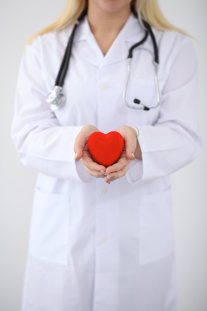 Female doctor with stethoscope holding heart