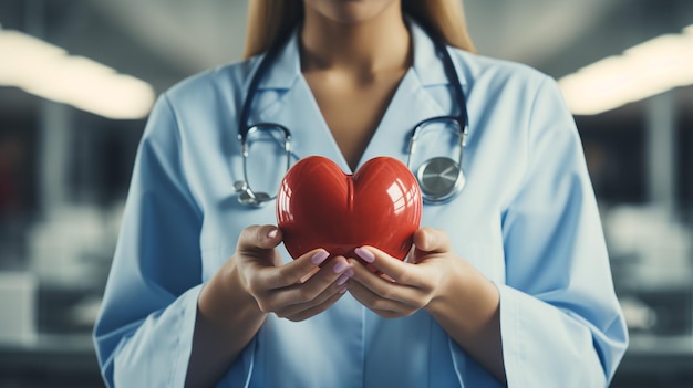 Женщина-врач со стетоскопом, держащая сердце.