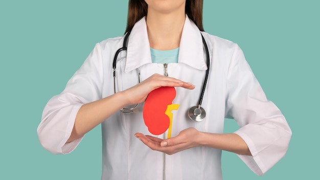 Photo female doctor with a stethoscope is holding mockup human kidney help and care concept