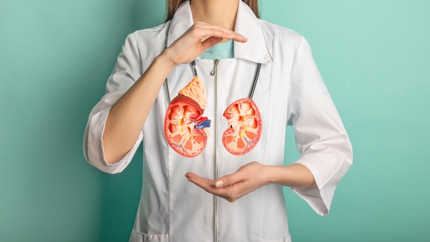 Female doctor with a stethoscope is holding mockup human kidney Help and care concept