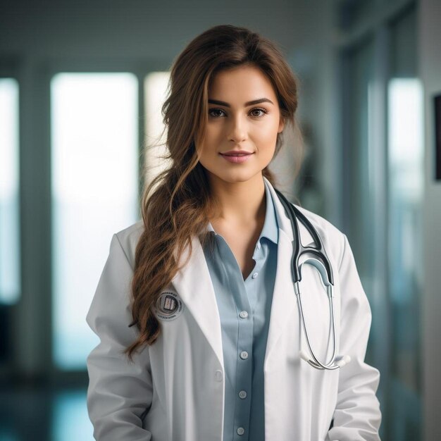 female doctor with a stethoscope listening in hospital