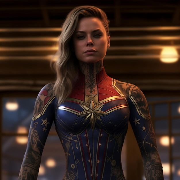 Женщина, одетая как Капитан Марвел, татуировки в металлическом нижнем белье