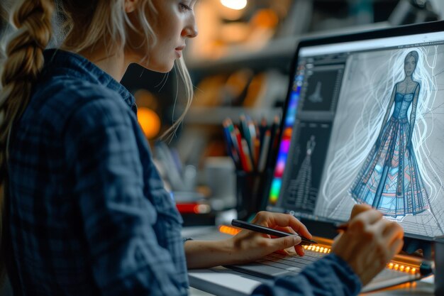 Photo a female dressmaker sketches and draws dresses on a graphic tablet in a horizontal shape from the side