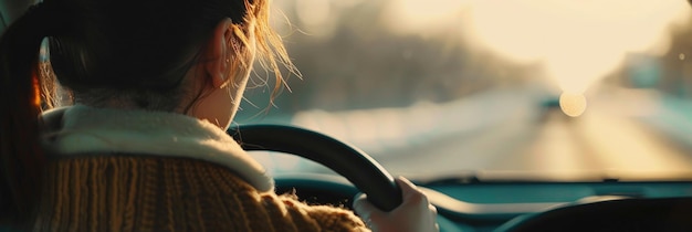 female driving a car banner