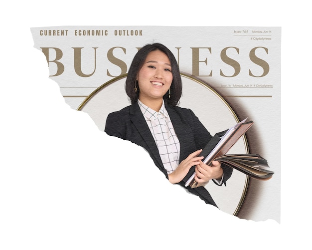 Female economist png sticker ripped newspaper financial business headline transparent background