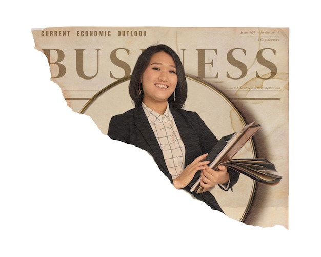 Female economist png sticker ripped vintage newspaper financial business headline transparent background