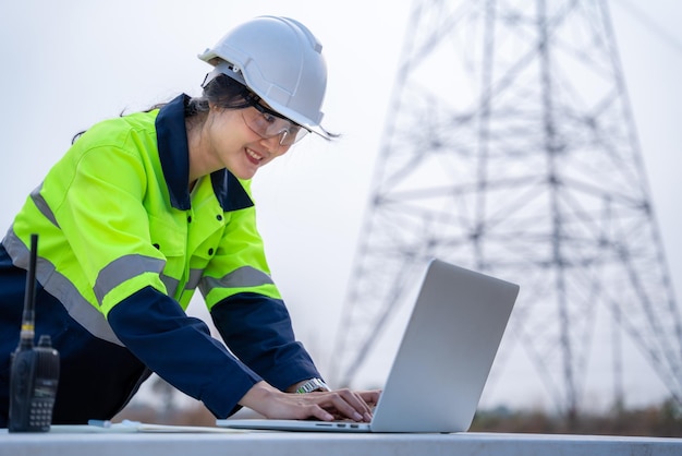 A female electrical engineers using a notebook computer at power station to plan the production of electricity energy at high voltage pylon