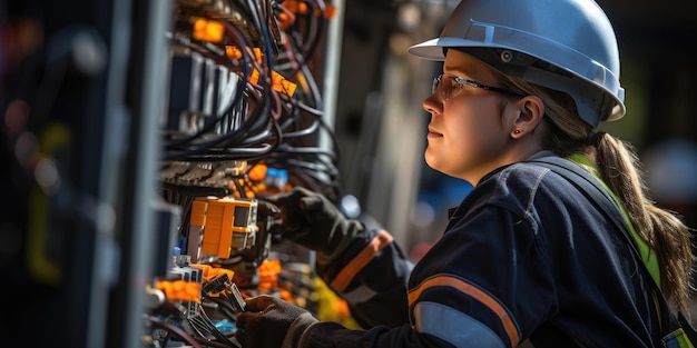 写真 防護服を着た女性電気技師が作業を行う 高品質写真 生成 ai