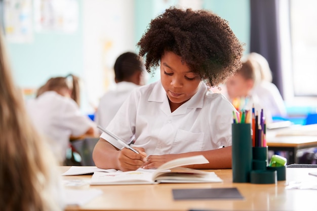 Female Elementary School Pupil Wearing Uniform Working At Desk