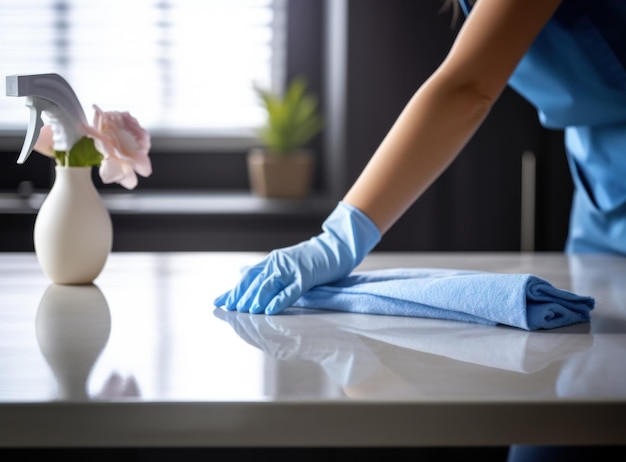 female employee cleaning the table at home