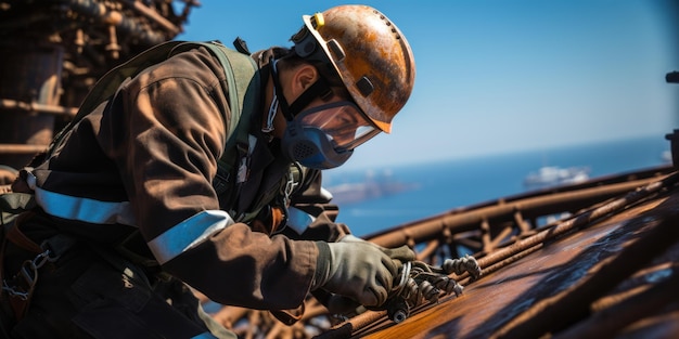 A female employee equipped with safety attire performs restoration work on an oceanic oil