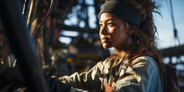 A female employee equipped with safety attire performs restoration work on an oceanic oil