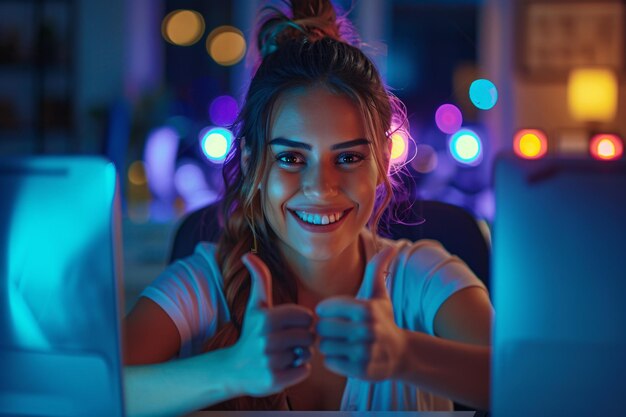 Foto la dipendente donna dà l'approvazione e mostra felicità in ufficio mentre fa una pausa durante gli straordinari o una scadenza serrata di notte
