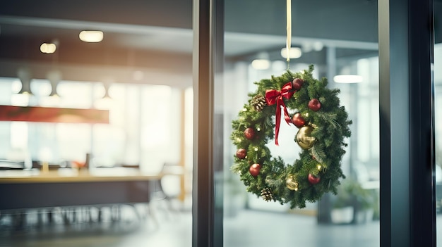 Female Employee Hanging Mini Wreath and Lights on Her Office Door AI Generated