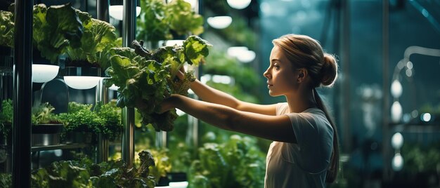 写真 女性の従業員が水耕システムで栽培された野菜の世話と収をしています