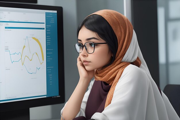 Female employee looking at graphs on computer screen working remotely work at home AI generated