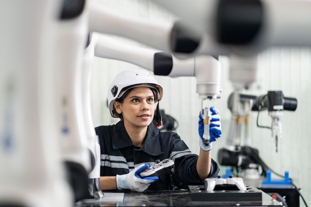 Female Engineer check and control automation robot arms machine in intelligent factory industrial on real time monitoring system software robotics and digital manufacturing operation