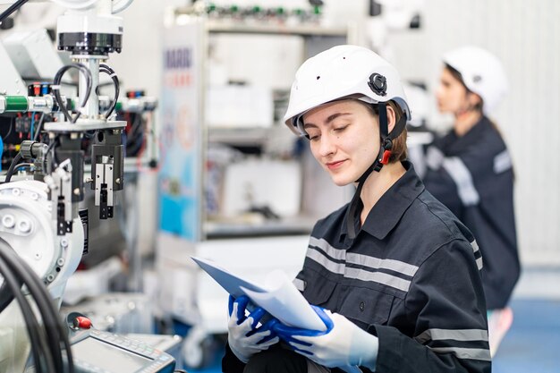 Female Engineer check and control automation robot arms machine in intelligent factory industrial on real time monitoring system software robotics and digital manufacturing operation