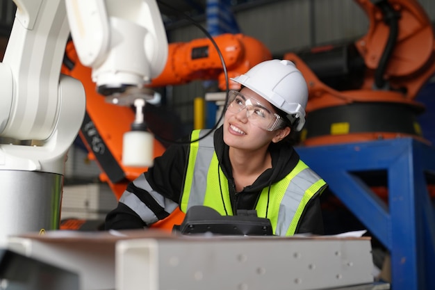 L'ingegnere femminile controlla e controlla la macchina dei bracci robotici di automazione in una fabbrica industriale intelligente sulla robotica del software di sistema di monitoraggio in tempo reale e sulle operazioni di produzione digitale
