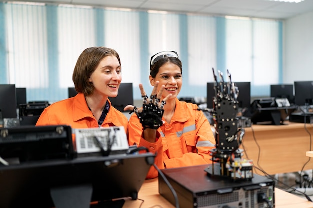 여성 엔지니어는 실시간 모니터링 시스템 소프트웨어 로봇 공학 및 디지털 제조 작업에 대한 지능형 공장 산업에서 자동화 로봇 팔 기계를 확인하고 제어합니다.